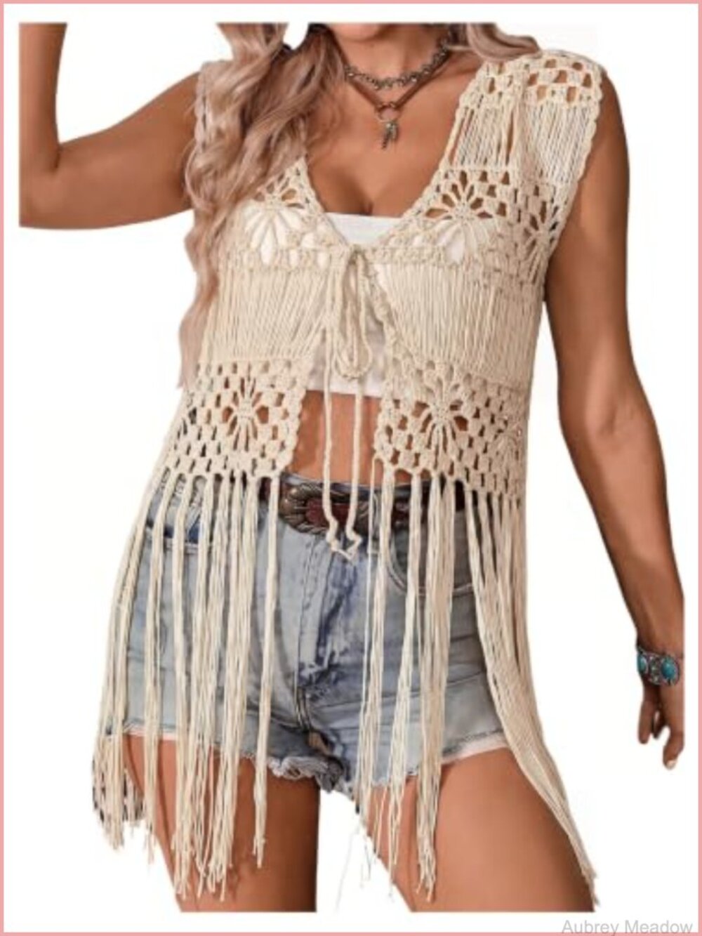 Women Crochet Fringe Vest Tie Front Sleeveless Cardigan